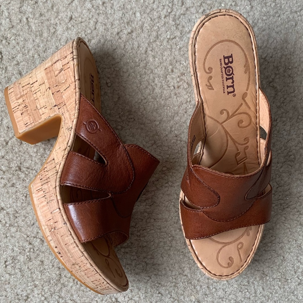 Cognac Leather Cork Clog Mule Heels